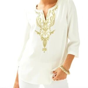 Lilly Pulitzer Dallas Tunic Top Size 6 in Resort White with Gold Embellishment